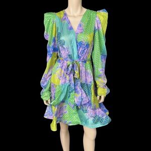 Rivir Dress Women Medium Multi Color Long Sleeve Ruffle Puff Sleeve Boutique NWT